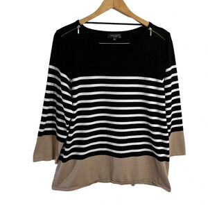 Spense Knits Sweater XL Black White Tan Striped Zipper Accent on Shoulders Top